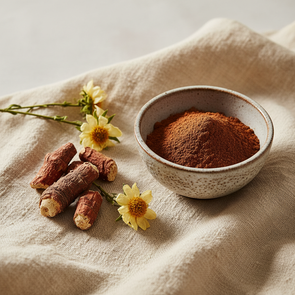 Rhodiola Rosea Powder in a ceramic bowl with dried root and flowers on a warm cream linen surface